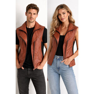 Unisex Mural Brown Leather Moto Vest Double Zip Edgy Minimalist Biker Chic S
